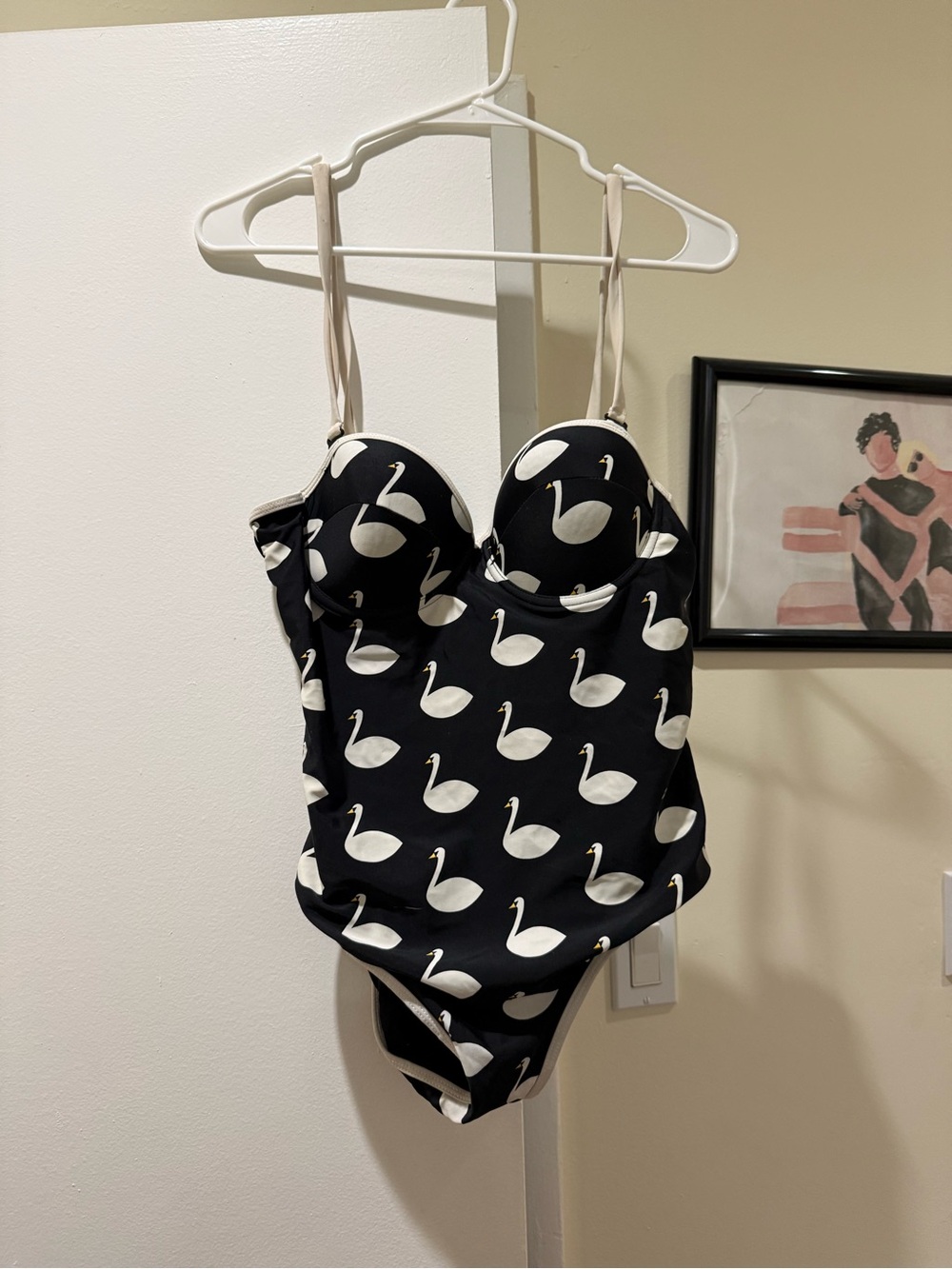Women’s Forever 21 Black One-Piece Swimsuit with White Swan Print, size M